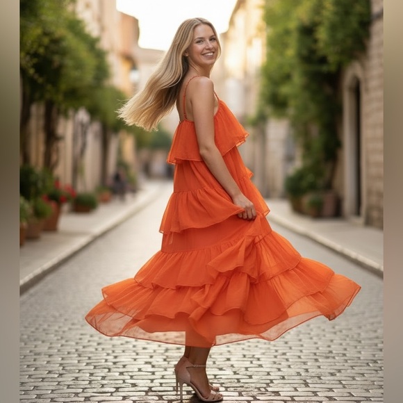 Payal Jain Design Dresses & Skirts - Payal Jain Anthropologie Tiered Tulle Ruffle Maxi Dress Orange Size 4 EUC